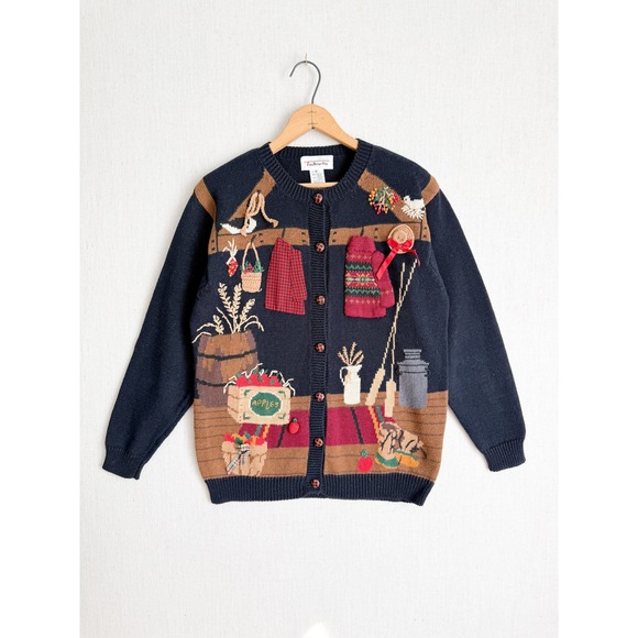 Talbots Sweaters - Talbots Vintage Fall Harvest‎ Cardigan Sweater Navy Blue Applique Embroidery S